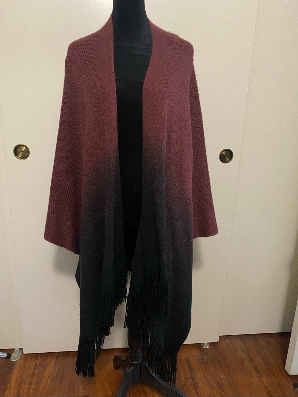 Women's Ombre Fringe Open Poncho Wrap - Burgundy and Black